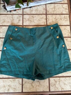 Trendy boutique Teal High-Waist Shorts with Gold Buttons